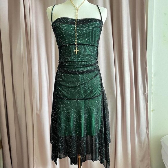 Majora Y2K 2000s Whimsical Goth Sparkly Green Midi Dress - Picture 8 of 8